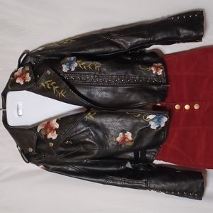 Caroline Morgan. Black Faux Leather Biker Embroidery Jacket.